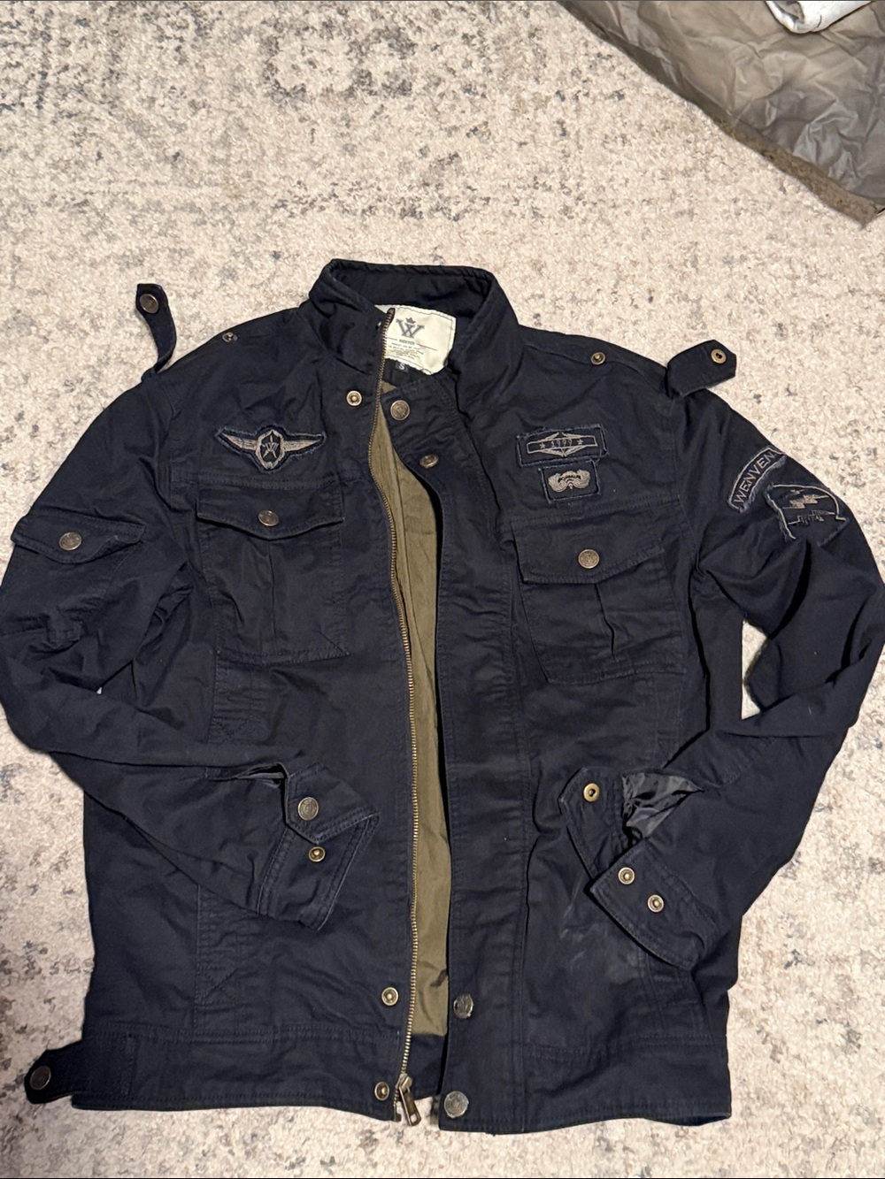 Men's Military Field Jacket in Black with Patch Accents